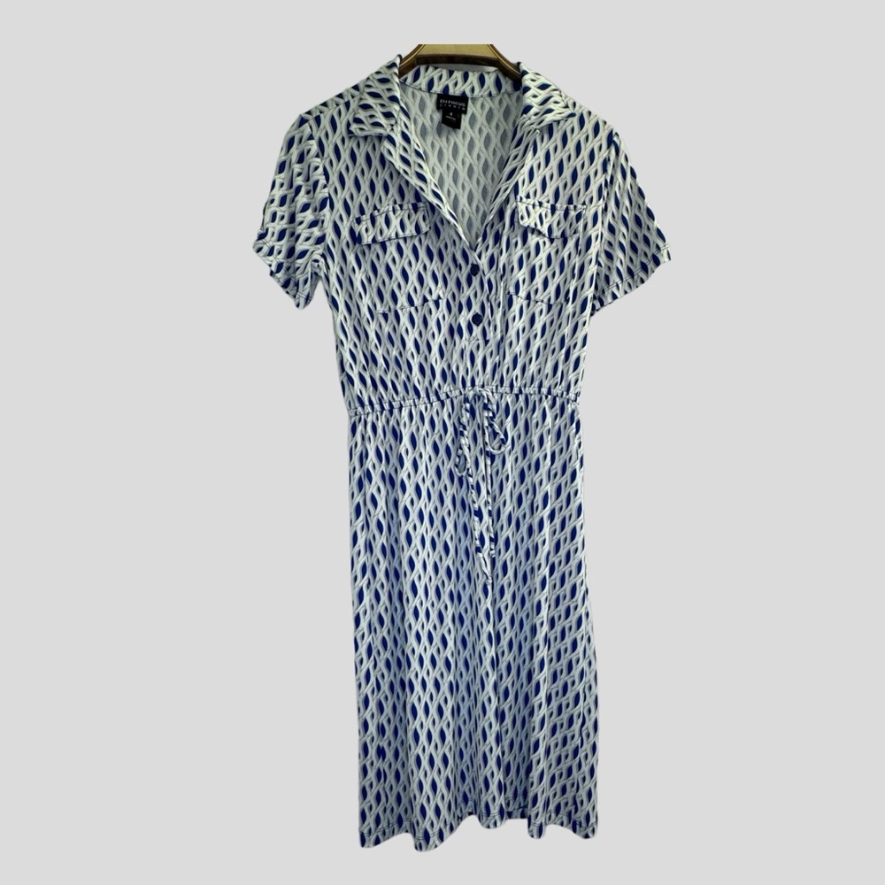 Enfocus Women's Dress 4 White Blue Collared Geometric Print Midi Length